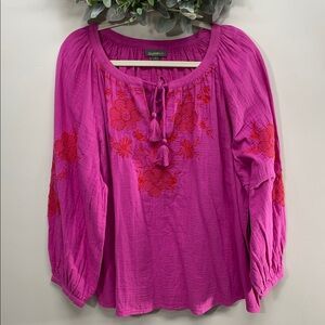 NWT Style & Co Embroidered Cotton Peasant Top Tassel Tie Nala Fuschia 3X